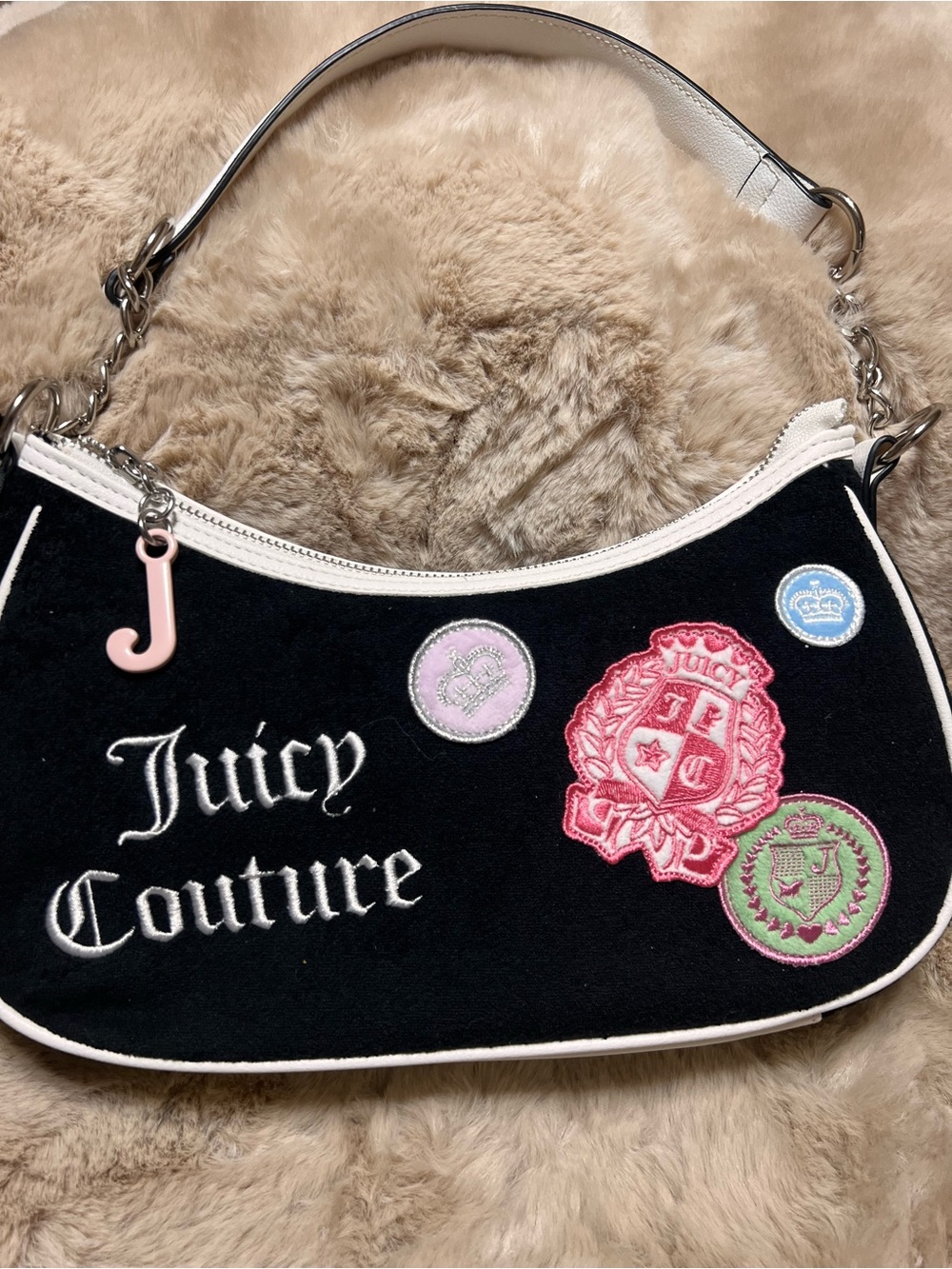 Juicy Couture Black Shoulder Bag with Pink Patch Accents